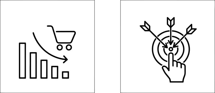 Shopping cart with downward trend graph and target with arrows and hand.shopping cart