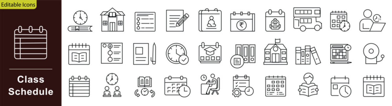 Class schedule icon set. Containing education timetable, university lesson, school calendar, semester course, and academic planning. Editable stroke. Vector illustration