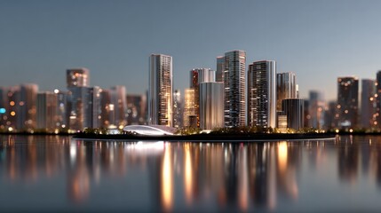 Fototapeta premium Cityscape at Dusk: A modern cityscape gleams under the twilight sky, with towering skyscrapers reflected in the tranquil water below.
