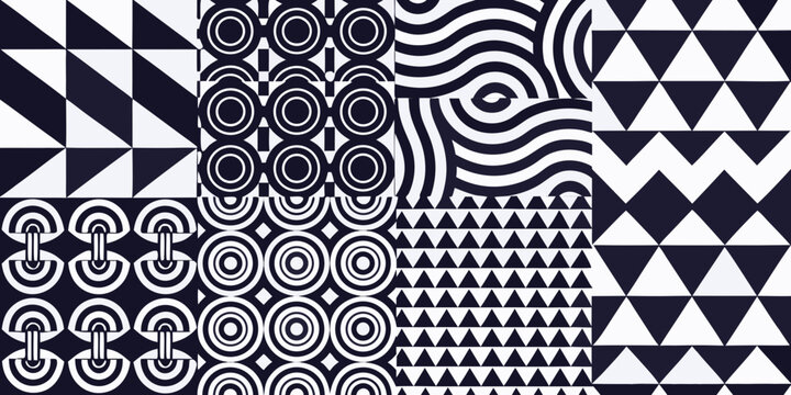 Geometric pattern with circles triangles and wavy lines black and white