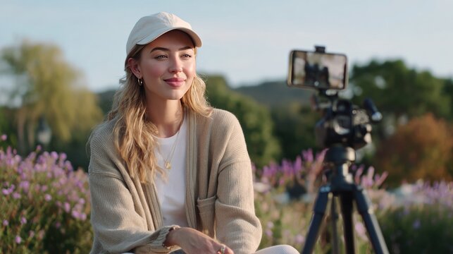 Vlogging in Nature: A young woman with blonde hair, wearing a beige cardigan and a white cap, smiles at her phone camera on a tripod, amidst a field of lavender and greenery.