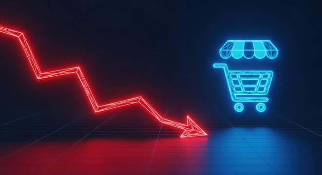 Neon red downward arrow chart and blue online shopping cart icon illustration