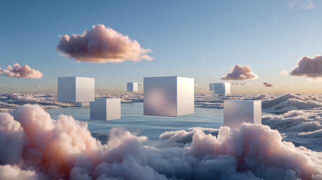 Surreal Sky Cubes: Geometric cubes float serenely above a sea of clouds, creating an otherworldly and dreamlike landscape bathed in the soft light of dawn or dusk.