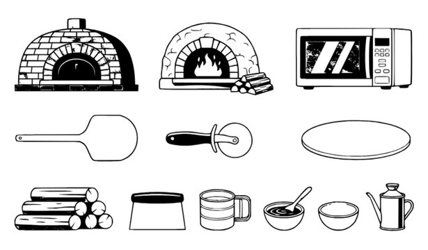 Pizza Making Equipment Vector Set with Brick Oven Wood Fired Oven Pizza Peel Cutter and Baking Tools
