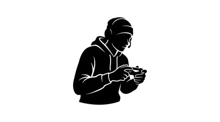 Naklejka premium Gamer in Hoodie Playing Video Game with Controller, Silhouette Style