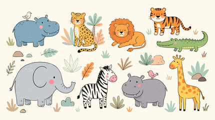 Obraz premium Whimsical watercolor safari animals illustration featuring a hippo, lion, tiger, zebra, elephant, giraffe, monkey and other cute jungle creatures for kids and nurseries.