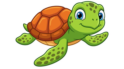 Naklejka premium Playful cartoon green sea turtle with an orange shell, a kid-friendly wildlife mascot for children's books and educational content