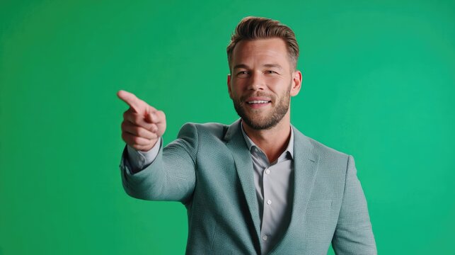 Confident Businessman Gesturing: A smiling man in a stylish suit points forward against a vibrant green background, conveying a sense of direction and confidence. His gaze is direct.