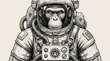 Obraz premium Chimpanzee astronaut wearing a detailed vintage spacesuit in a sci-fi illustration, a concept art piece for wildlife explorer characters.