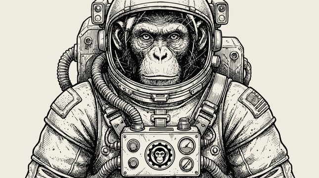 Chimpanzee astronaut wearing a detailed vintage spacesuit in a sci-fi illustration, a concept art piece for wildlife explorer characters.