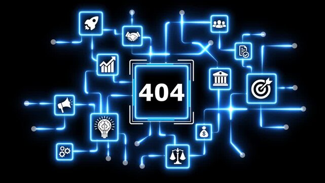 404 number animation on circuit board with business icon set.