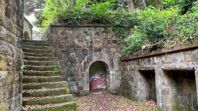 Himegamiyama Battery Ruins featuring historic red brick military barracks on Tsushima Island, Nagasaki Prefecture, Japan.