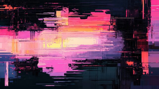 Abstract digital glitch art background with vibrant pink, purple, and yellow horizontal data corruption and pixelated texture