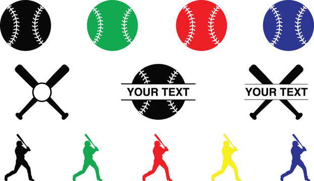 Colorful baseball logo collection featuring balls bats player silhouettes and customizable text badges