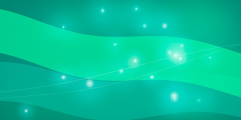 Fototapeta premium Turquoise light waves stretch through a clean abstract space with sparkling bokeh dots, creating a fresh tech vibe for presentations and brand visuals.