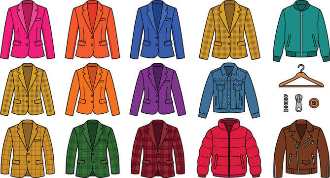 Outerwear Clothing Vector Icon Set with Formal Blazers Plaid Jackets Denim and Leather Coats for Fashion Designs