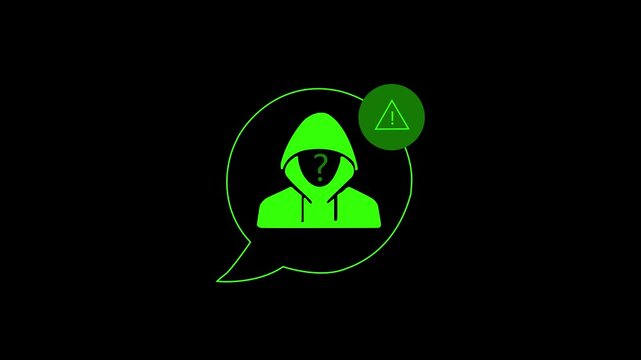 Anonymous hacker in chat bubble with warning alert, cyber security concept threat danger