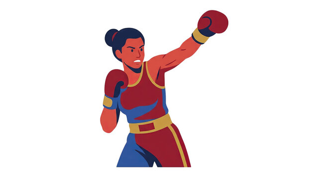 Determined Female Boxer in Action Throwing a Punch Flat Vector Illustration