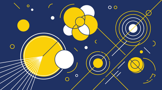 Abstract physics and science concept banner with geometric circles and lines on blue background