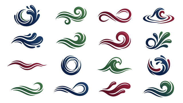 Stylized ocean wave and wind swirl graphic design elements set