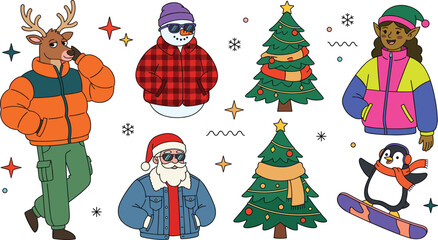 Cool Christmas and winter cartoon character sticker set. Hipster Santa Claus, reindeer in puffer jacket, snowman, elf girl, snowboarding penguin and decorated pine trees. © airin