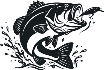 Fototapeta premium Black and white bass fish jumping for a fishing lure