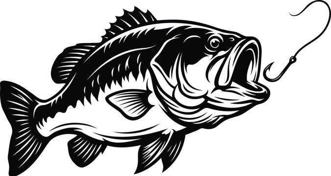 Black and white bass fish with a fishing hook
