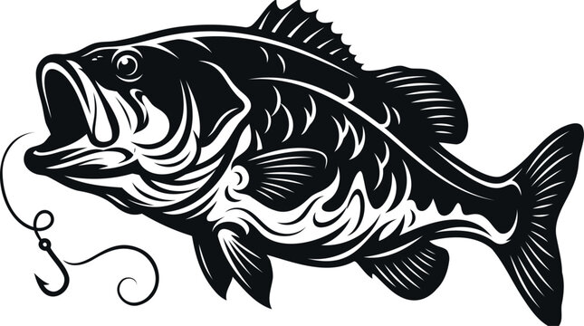 Black and white illustration of a largemouth bass fish