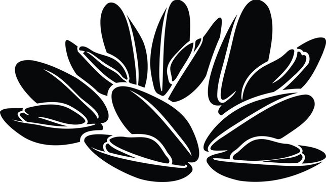 Black silhouette icon of a group of open fresh mussels