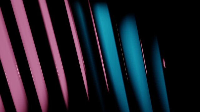 Abstract 3D curved panels reflecting cyan and magenta light in a dark digital space with cinematic synthwave aesthetic