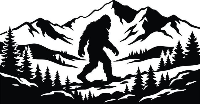 Bigfoot silhouette walking in the mountains with pine trees