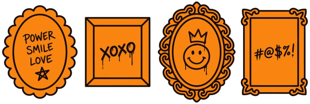 Four vibrant orange decorative picture frames featuring various unique hand drawn graffiti style black text and symbols including smiley face crown xoxo hugs kisses and punctuation mark art