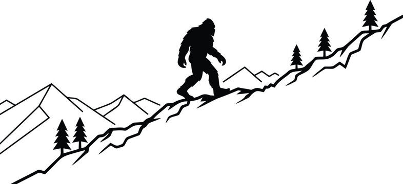 Bigfoot walking on a mountain ridge with pine trees