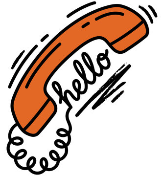 An orange vintage telephone handset illustration displaying the word hello in a handwritten script style font with dynamic black motion lines appearing around the communication device icon