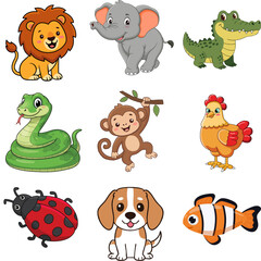 Naklejka premium Colorful collection of friendly cartoon animals with smiling faces and playful poses in a flat vector illustration style.