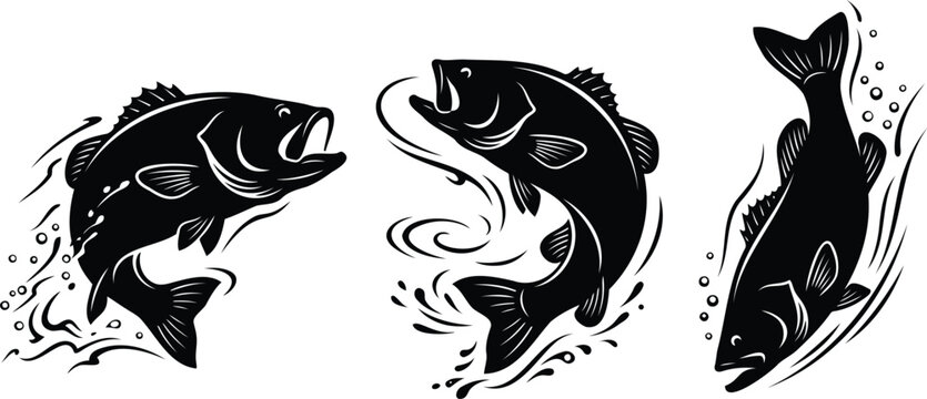 Three jumping bass fish black silhouette icons