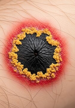 Macro View of a Severe Skin Lesion with Black Necrotic Center and Inflamed Red Border for Medical Education