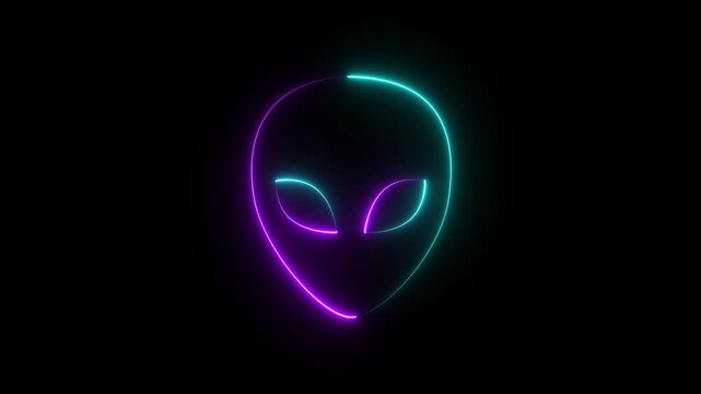 Glowing neon Alien head icon on black background. Martian head icon animation.