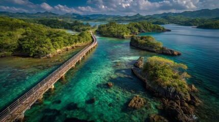 Fototapeta premium Serene Aerial View of Lush Tropical Islands and Crystal Clear Waters with Wooden Pathway Surrounded by Vibrant Greenery and Scenic Mountainous Landscape