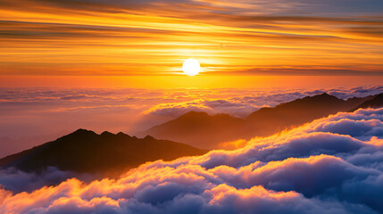 Fototapeta premium Vibrant sunset over mountain range and cloud sea with golden sky and dramatic horizon, panoramic landscape view