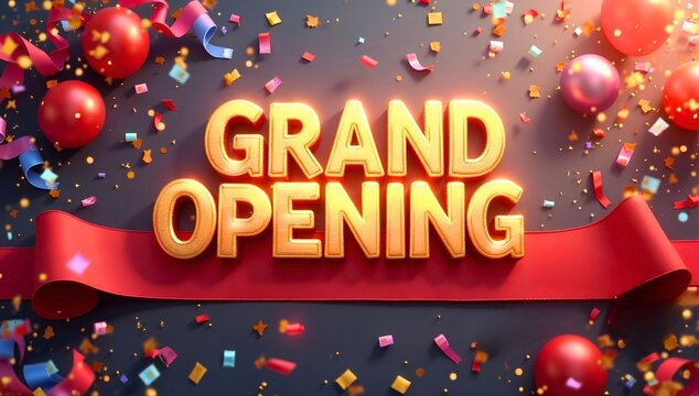 Festive Grand Opening artwork showing bold golden text, glowing effect, confetti, ribbons, red balloons, and ribbon platform