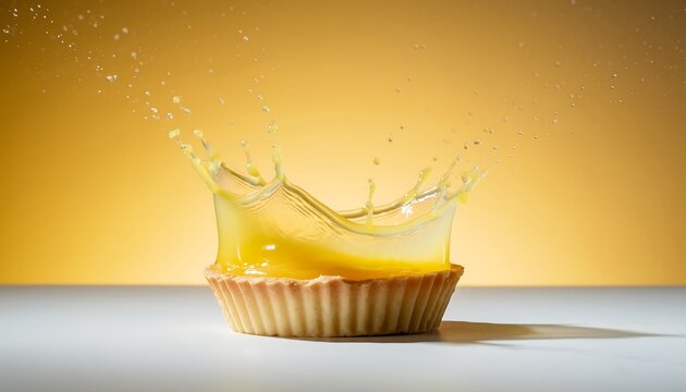 Fresh lemon curd splashing into golden brown muffin cup with vibrant yellow background