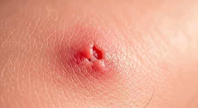 Macro view of a molluscum contagiosum lesion on human skin, showing characteristic central umbilication and redness.
