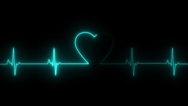 Cyan color neon glowing light heartbeat display screen. Abstract neon heartbeat signal icon animation dark background.