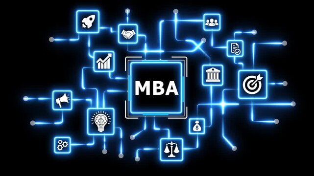 Mba, master of business administration with a network of business icons.