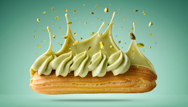 Delicious eclair with green cream explosion and pistachio crumbs