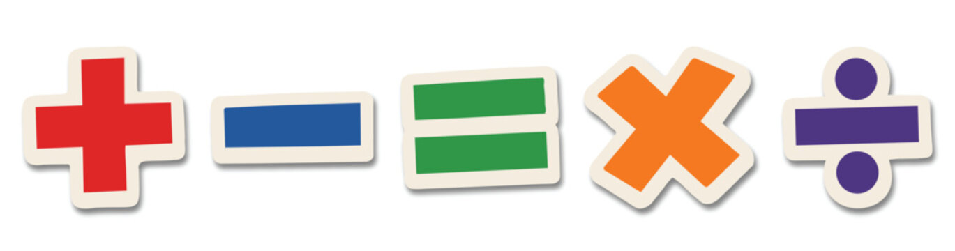 A set of colorful mathematical symbols including addition, subtraction, equality, multiplication, and division signs isolated on a white background.