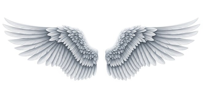 Realistic White Feathered Wings Spread Open Isolated on White Background, Symbol of Freedom and Purity