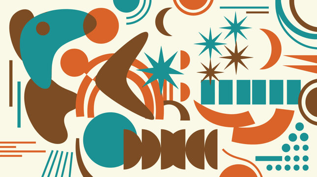 Retro Abstract Design with Mid-Century Geometric Shapes and Starbursts in Teal, Brown, and Cream