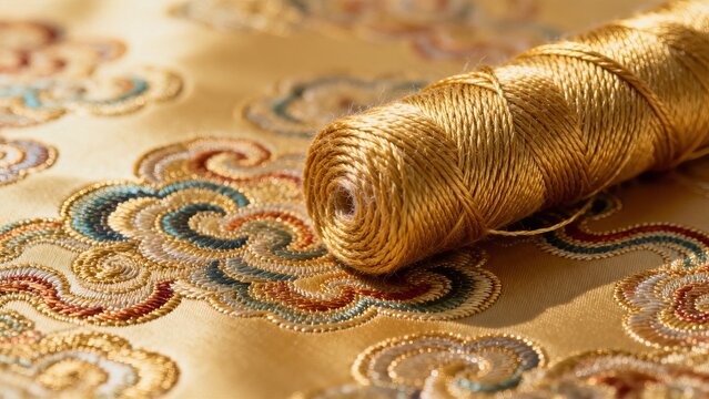 Golden embroidery thread spool on auspicious cloud patterned silk fabric, traditional Chinese gold stitch handmade craft closeup
